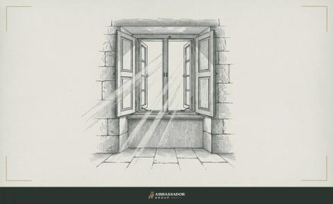 Antique engraving illustration. An open window with its shutters thrown wide, morning light falling across a clear interior, the transparent threshold between inside and outside without any veil.