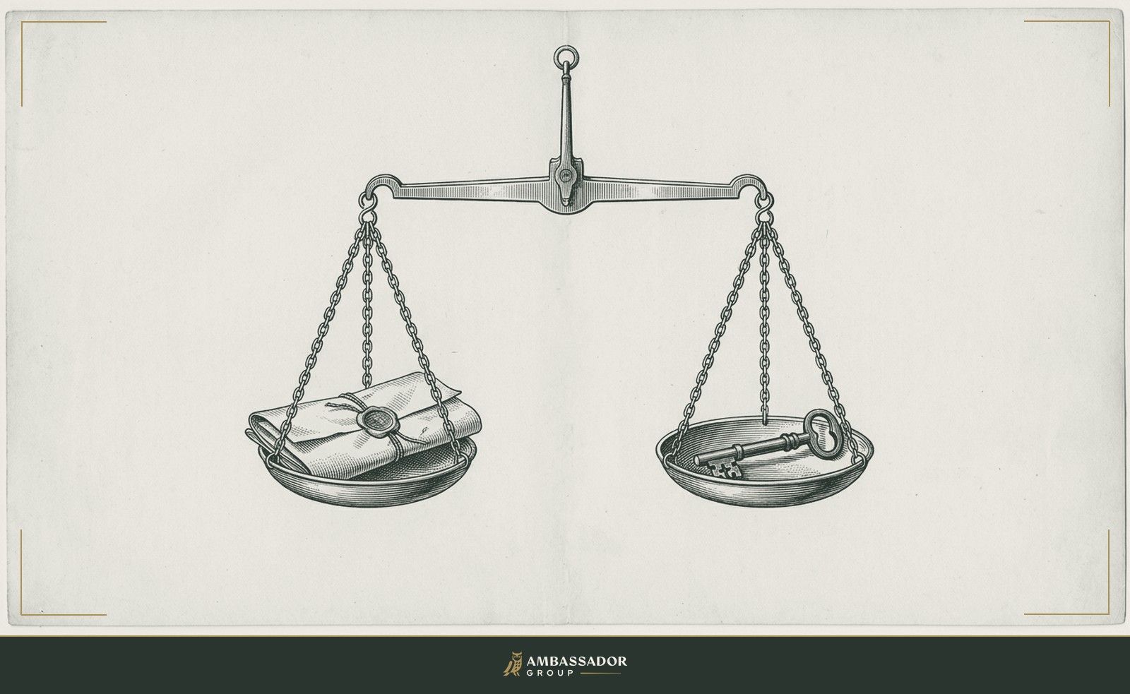 Antique engraving illustration. Two brass scales hanging in perfect balance, one pan holding a folded document, the other a single iron key.