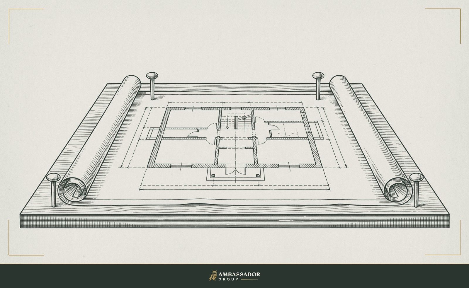 Antique engraving illustration. A drafting blueprint unrolled on a flat table, every dimension clearly notated, held open at the corners by four polished surveying pins, nothing hidden beneath.