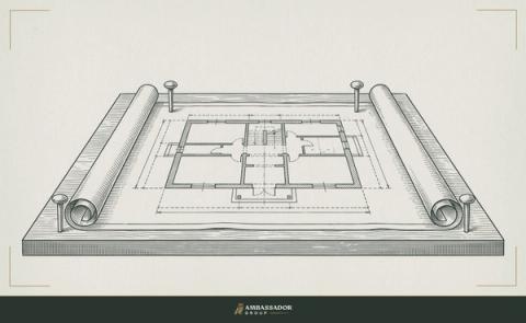 Antique engraving illustration. A drafting blueprint unrolled on a flat table, every dimension clearly notated, held open at the corners by four polished surveying pins, nothing hidden beneath.