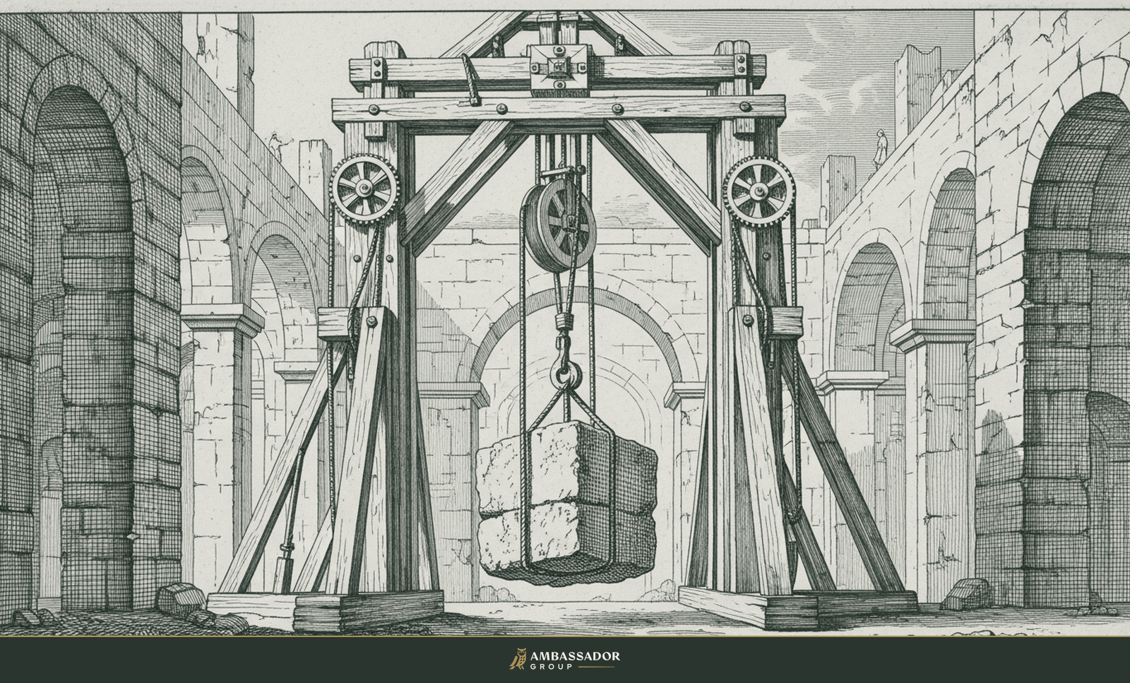 Antique engraving illustration. A well-oiled pulley and gear hoist lifting a heavy stone block swiftly and smoothly up a building frame, speed achieved through sound mechanism rather than haste.