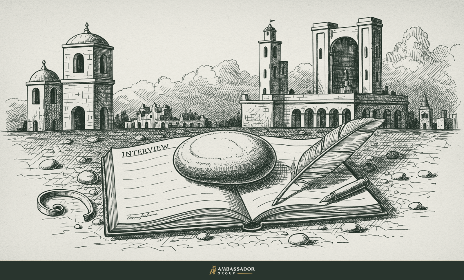 Antique engraving illustration. A single smooth grey river stone resting impassively on an open interview notebook and quill, revealing nothing.