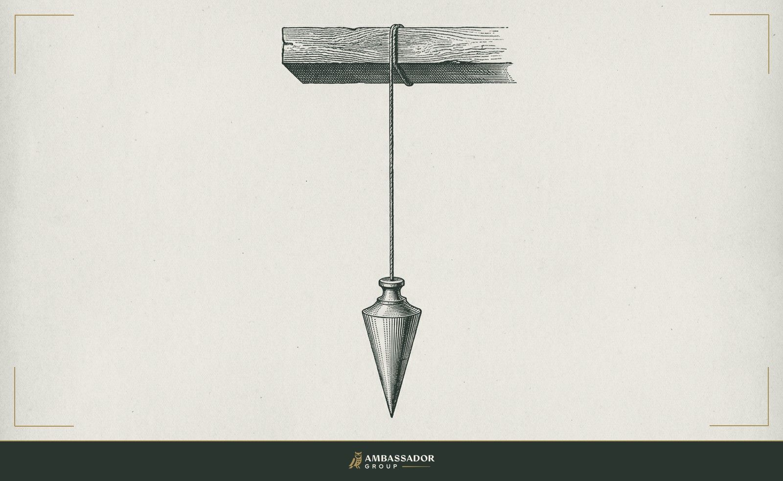 Antique engraving of a plumb bob hanging true from a fixed beam, a metaphor for pay anchored to a fixed mission.