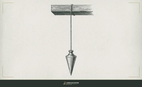 Antique engraving of a plumb bob hanging true from a fixed beam, a metaphor for pay anchored to a fixed mission.
