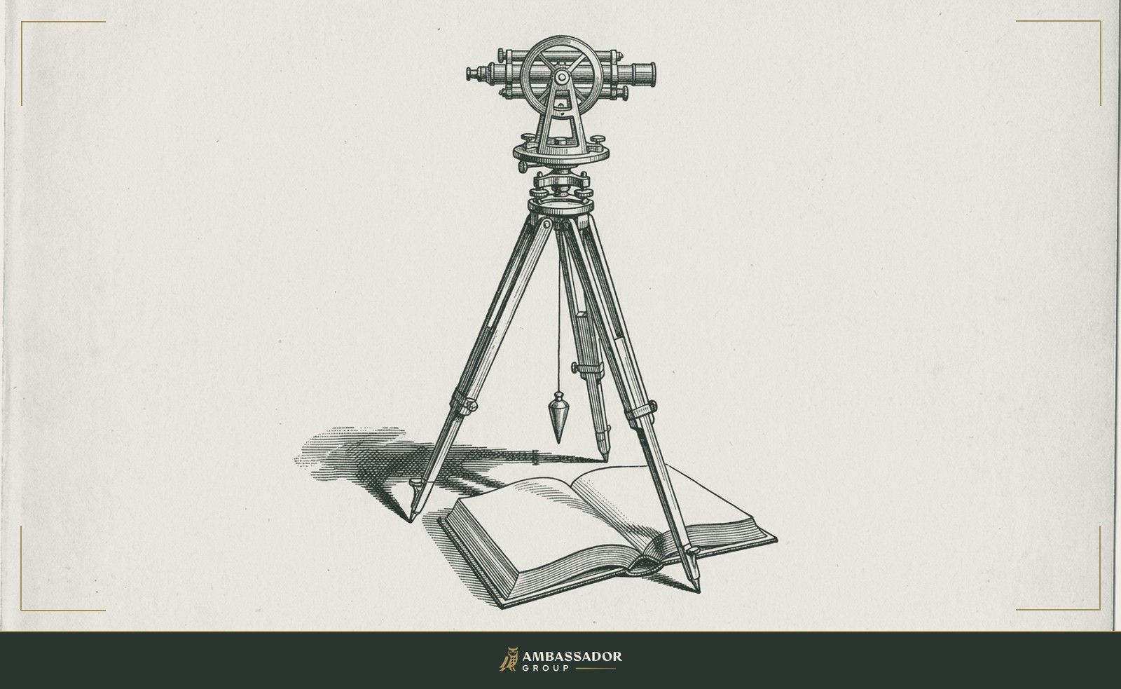 Antique engraving illustration. A surveyor's transit on its tripod, the instrument plumb and level, casting a shadow over an open law-reference volume lying on the ground.