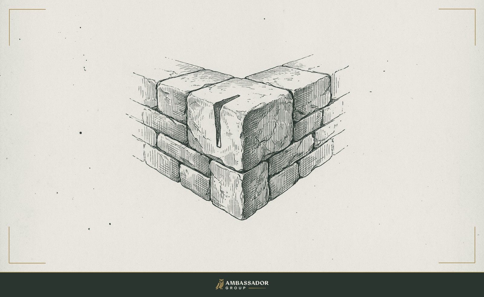 Antique engraving illustration. A cornerstone bearing a single chisel-cut mark, set at the foundation's angle where two walls converge, carrying the weight of every course laid above it.