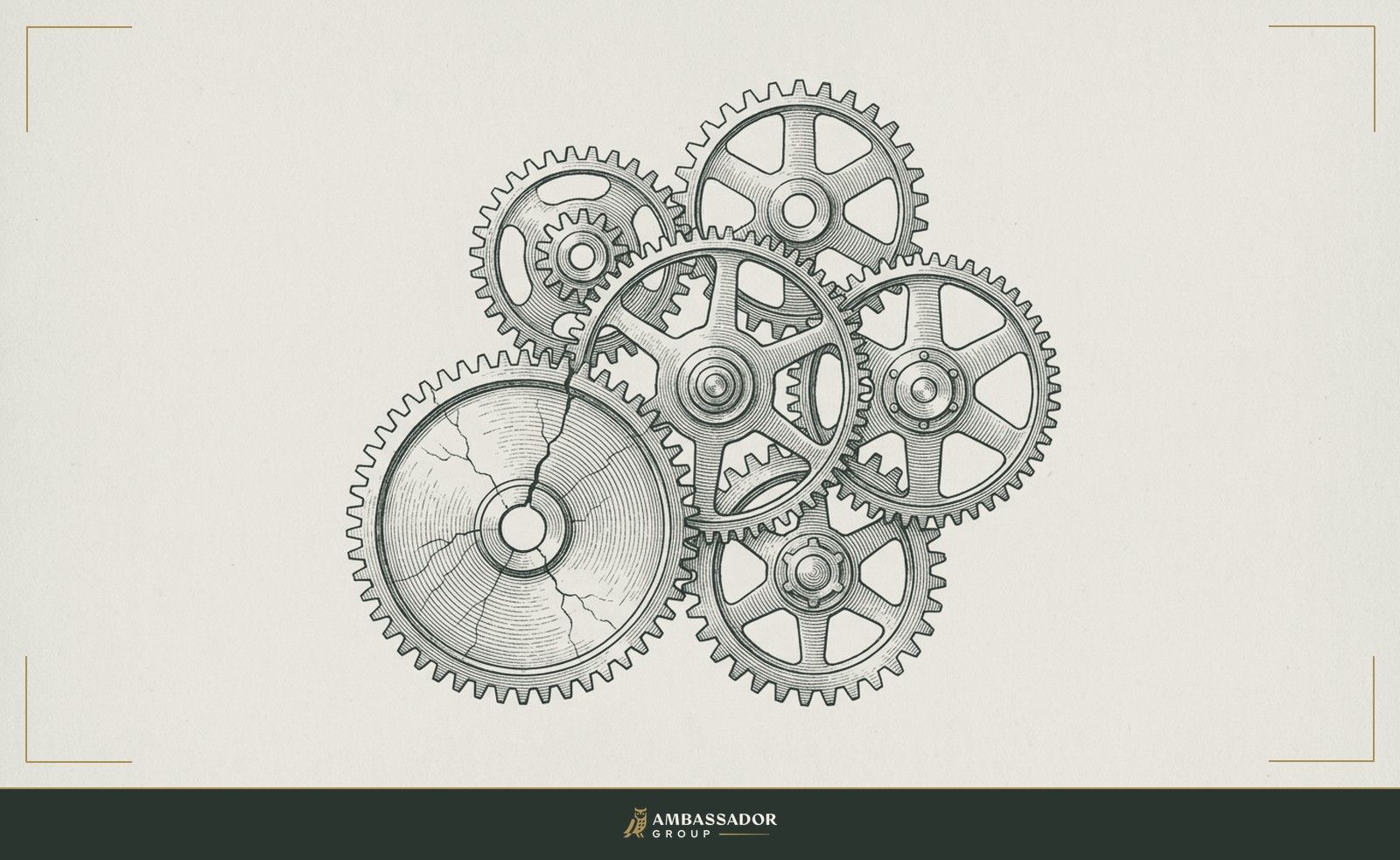 Antique engraving illustration. An seven interlocking gears of mismatched sizes frozen mid-turn, one visibly cracked, threatening the motion of all the others.