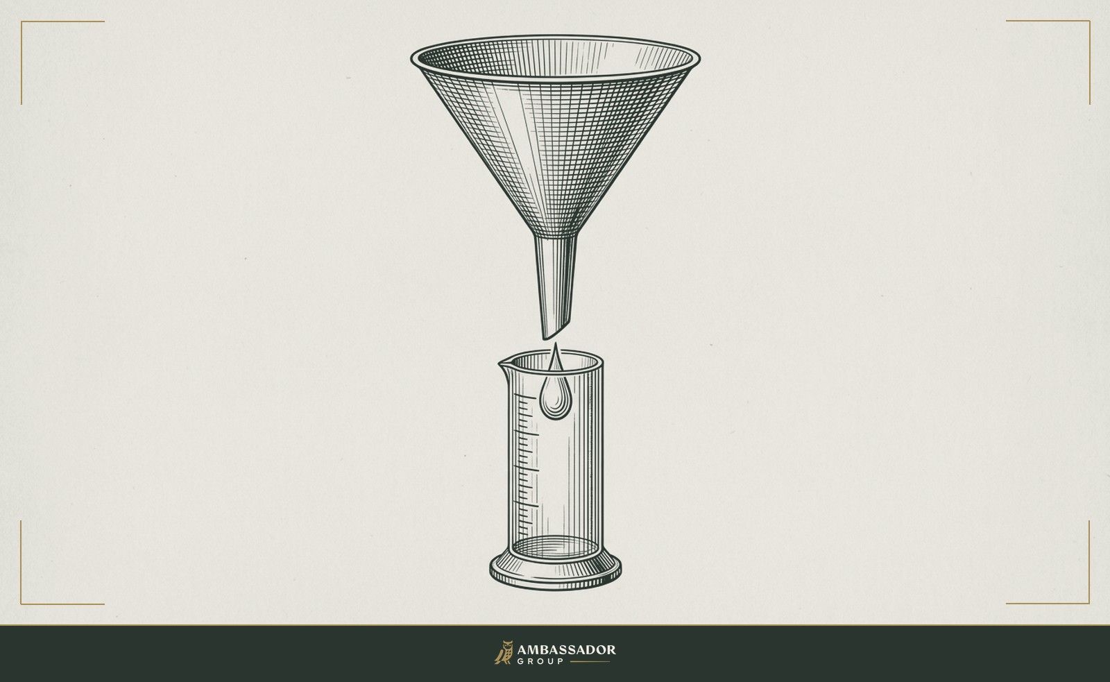 Antique engraving illustration. A wide-mouthed funnel narrowing to a fine point above a graduated cylinder, implying the distillation of broad answers into a single precise drop of measurable truth.