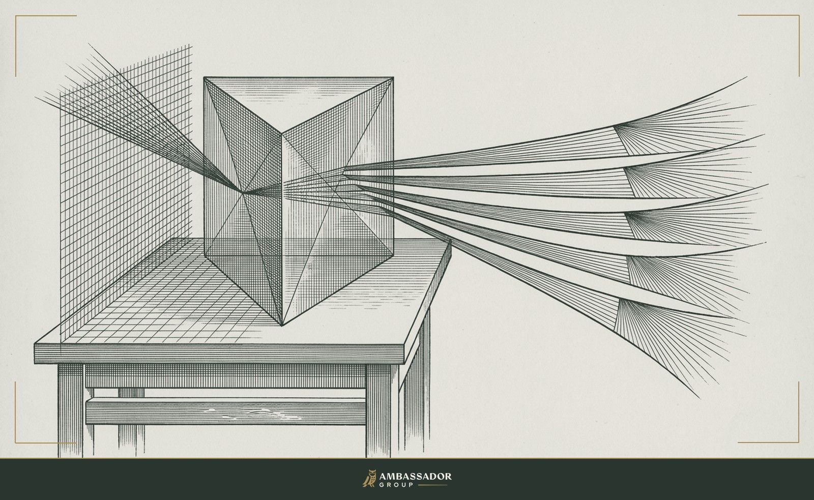 Antique engraving illustration. A prism set on a drafting table beside a ruled grid, the single beam entering it separated into seven distinct measured rays, each labeled and projected forward.