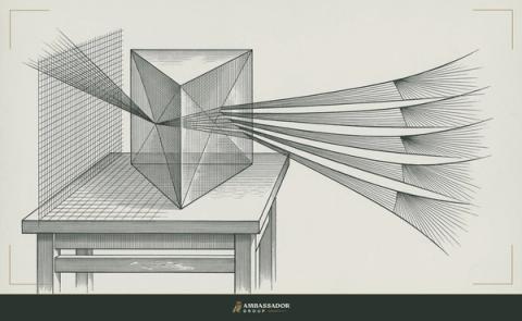 Antique engraving illustration. A prism set on a drafting table beside a ruled grid, the single beam entering it separated into seven distinct measured rays, each labeled and projected forward.