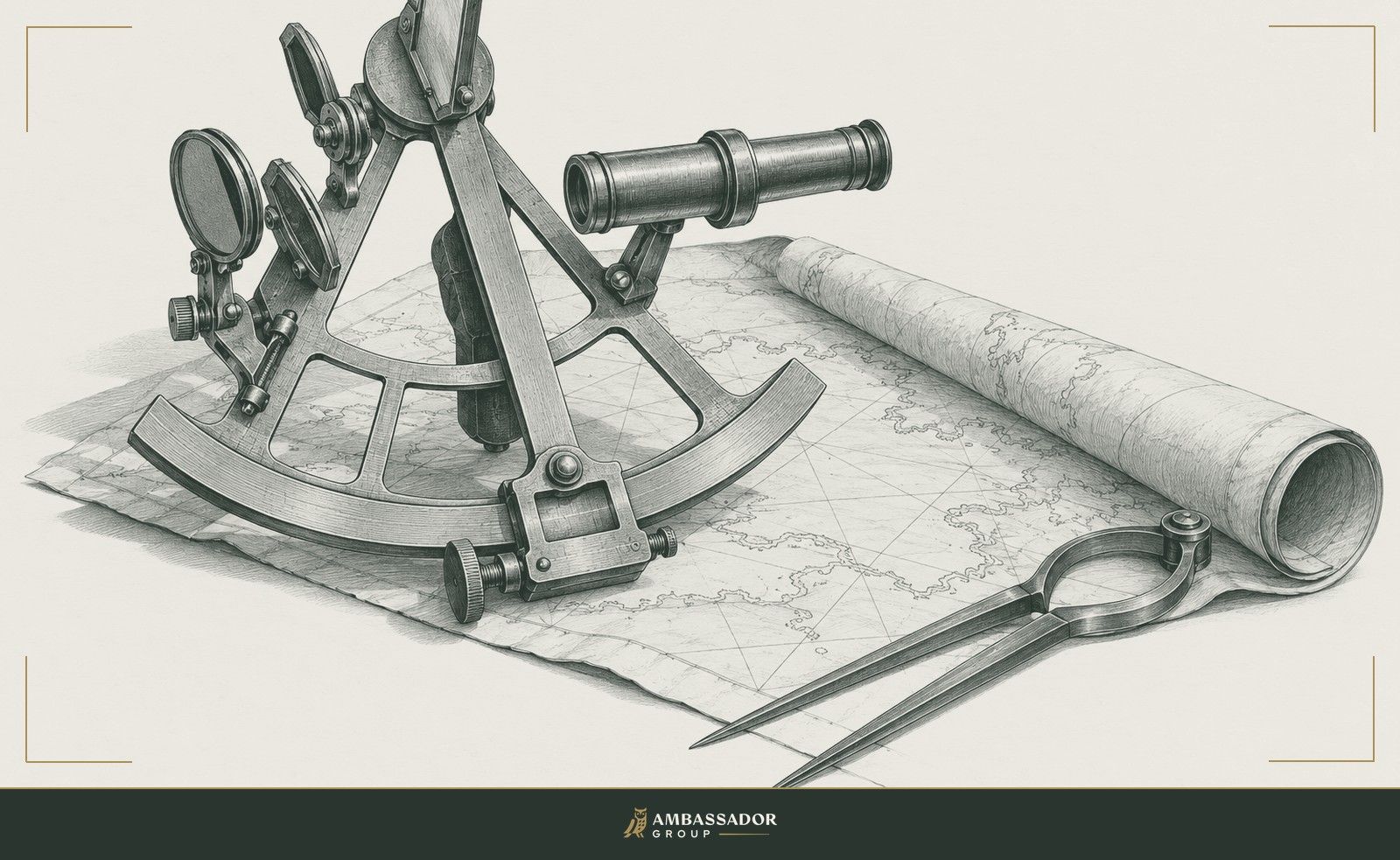 Antique engraving illustration. A bronze sextant rests half open on a furled nautical chart beside a pair of brass dividers.