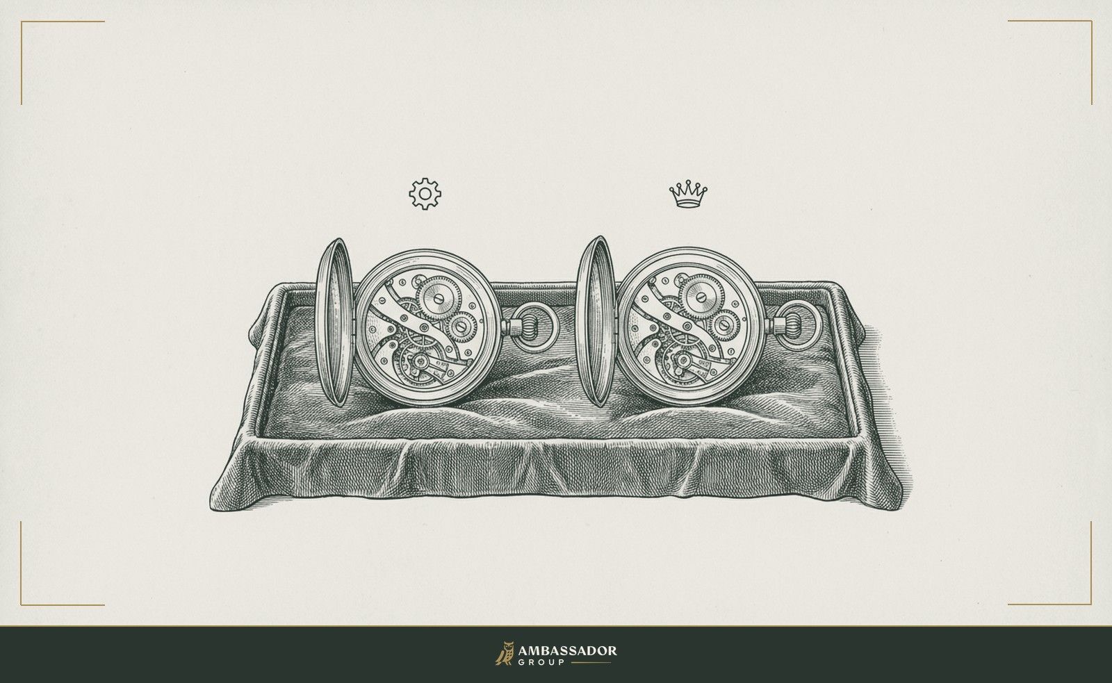 Antique engraving illustration. Two pocket watches open side by side on a velvet tray, each showing its movement clearly, the candidate's and the employer's mechanisms visible to both parties.