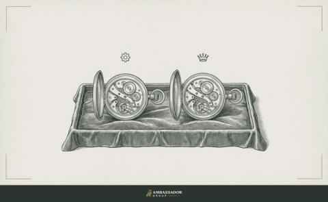 Antique engraving illustration. Two pocket watches open side by side on a velvet tray, each showing its movement clearly, the candidate's and the employer's mechanisms visible to both parties.