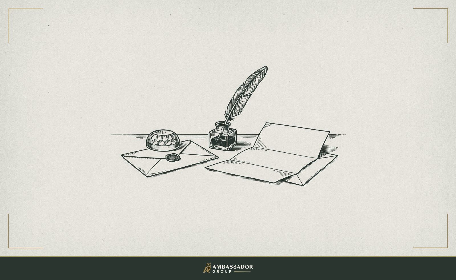 Antique engraving illustration. A sealed letter resting beneath a paperweight on one side of a desk, an open one beside it, a quill and inkwell positioned between them.