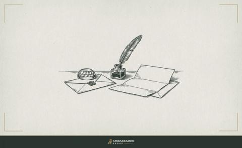 Antique engraving illustration. A sealed letter resting beneath a paperweight on one side of a desk, an open one beside it, a quill and inkwell positioned between them.