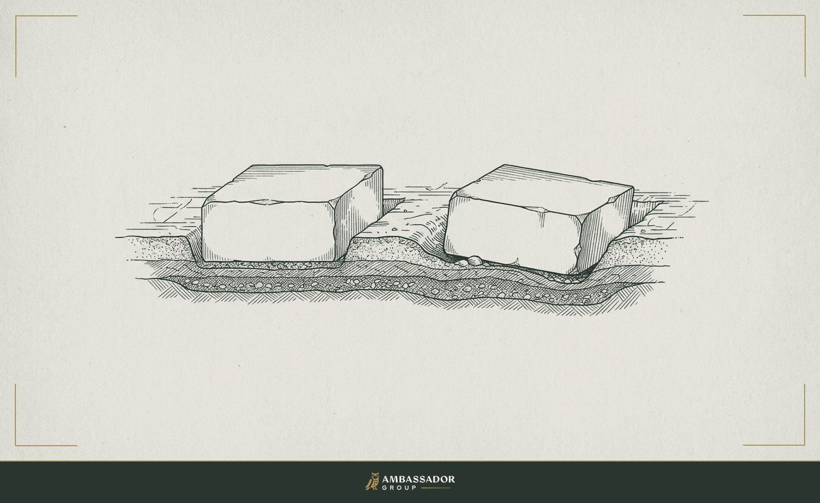 Antique engraving illustration. Two foundation stones of identical size, one seated true and level in the earth, one tilted and already sinking at one corner.