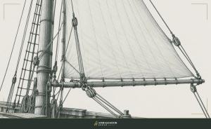 Antique engraving illustration. A ship's rigging with multiple lines under simultaneous tension, each rope serving a distinct purpose in the same sail, the complexity of a strategic voyage rendered in cordage and pulleys.