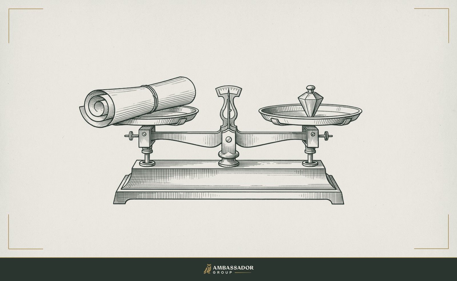 Antique engraving illustration. An assay balance with a rolled blueprint on one pan and a small weighted plumb bob on the other, both pans perfectly level.