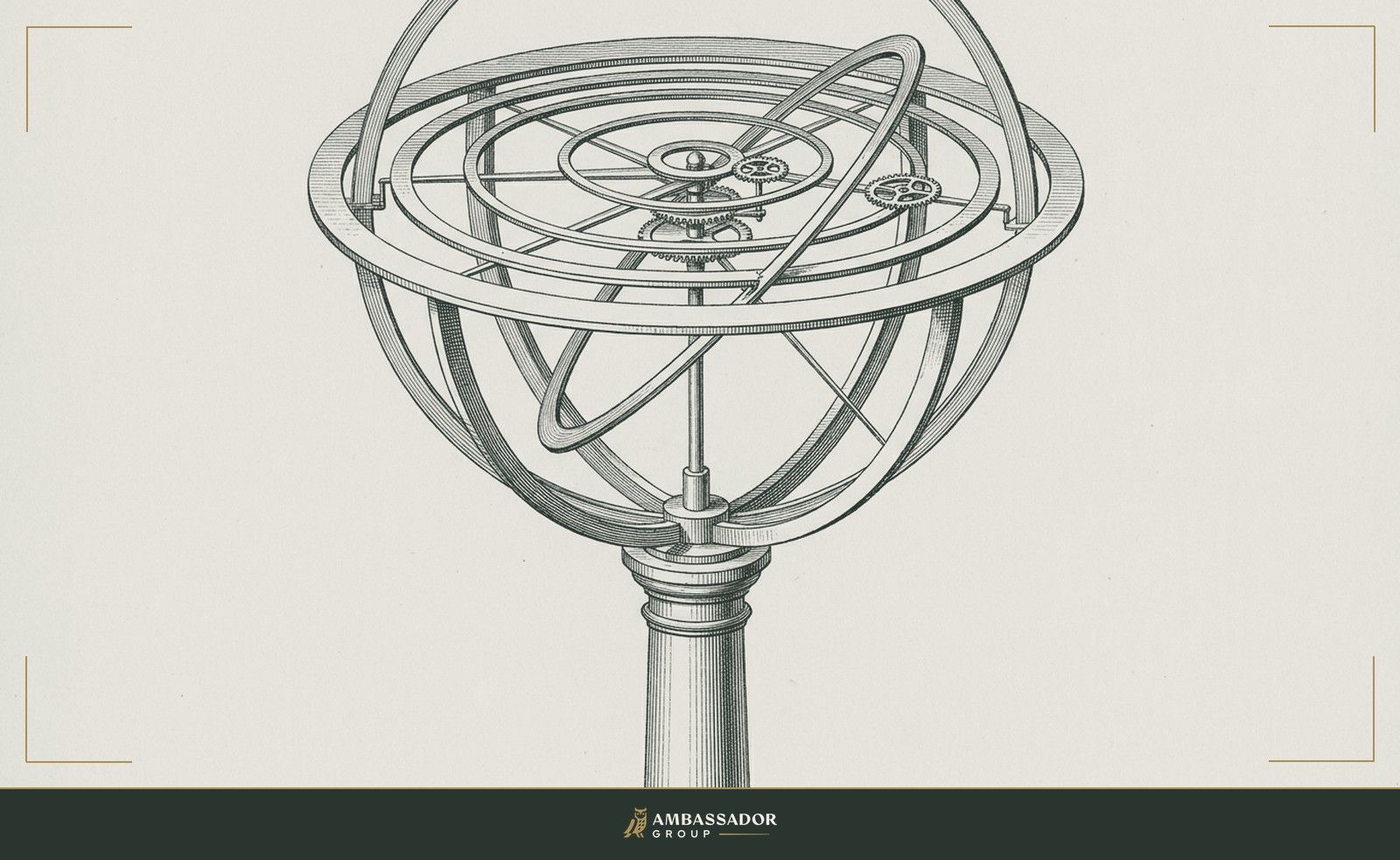 Antique engraving illustration. A large brass orrery of nested concentric rings and slender arms rests on a pedestal.