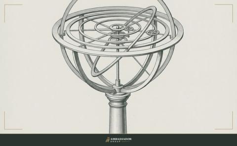 Antique engraving illustration. A large brass orrery of nested concentric rings and slender arms rests on a pedestal.