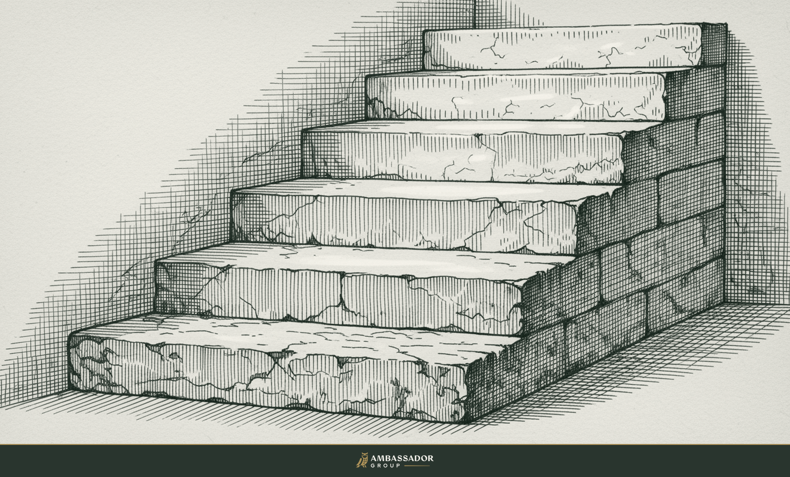 Antique engraving illustration. A rising flight of four stone steps, each successive step more finely dressed and polished than the one below.
