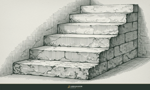 Antique engraving illustration. A rising flight of four stone steps, each successive step more finely dressed and polished than the one below.