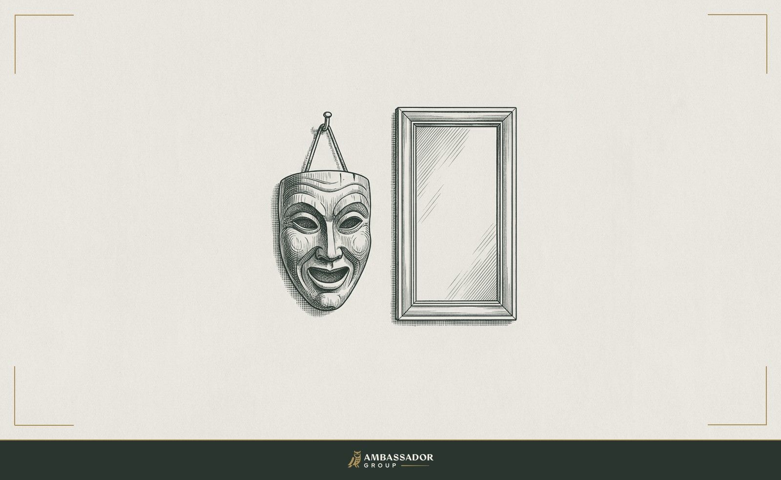 Antique engraving illustration. A theater mask hanging from a hook beside a plain mirror, the reflection showing only the bare wall behind the mask.