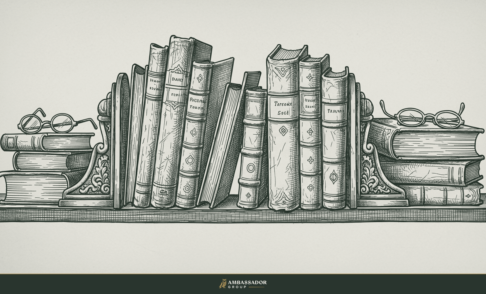 Antique engraving illustration. A well-stocked shelf of worn leather-bound books with heavy brass bookends and a pair of folded reading spectacles.