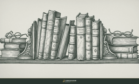 Antique engraving illustration. A well-stocked shelf of worn leather-bound books with heavy brass bookends and a pair of folded reading spectacles.