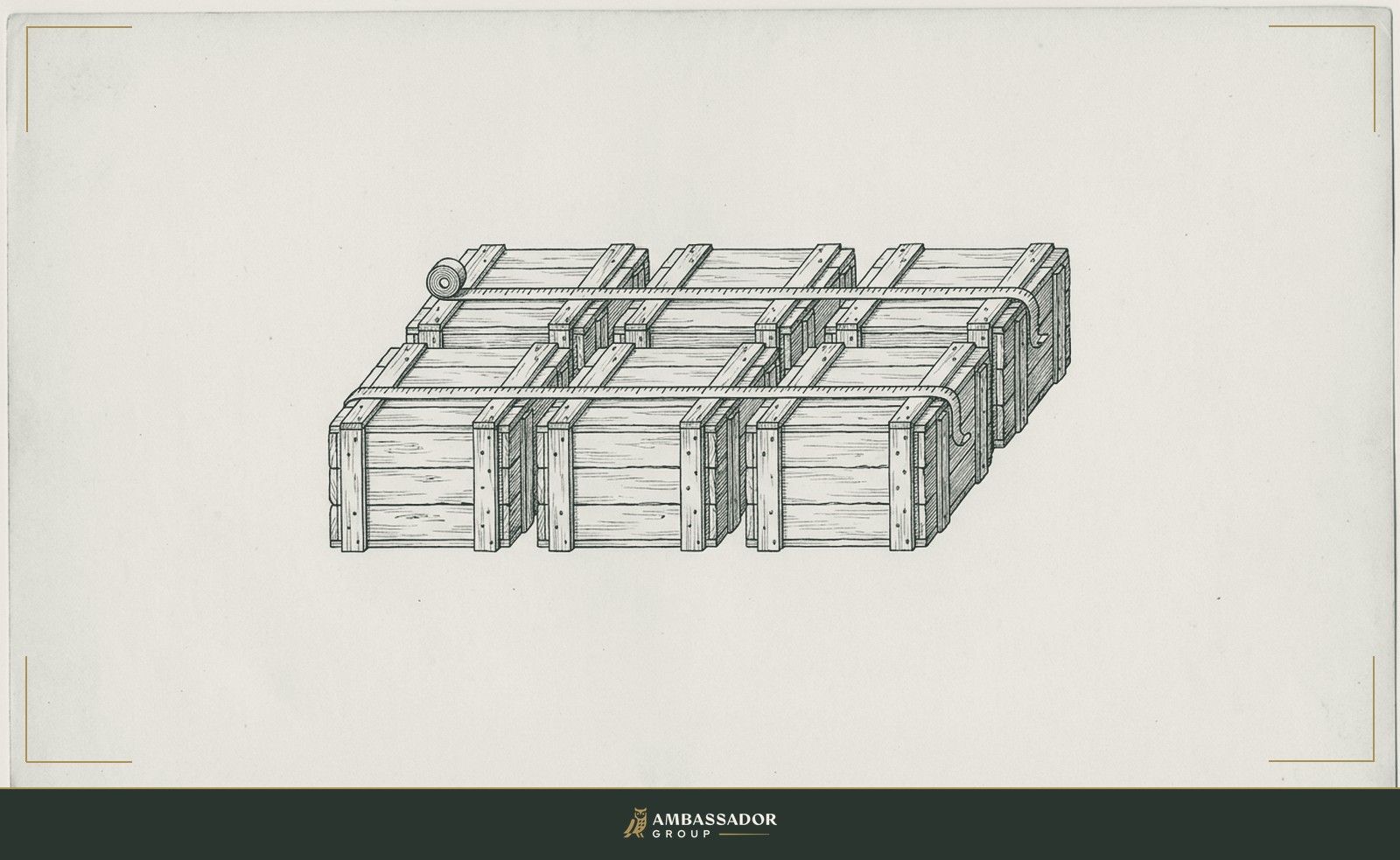 Antique engraving illustration. An six sealed wooden boxes in two rows, a measuring tape unrolled across all six lids in a single continuous line.