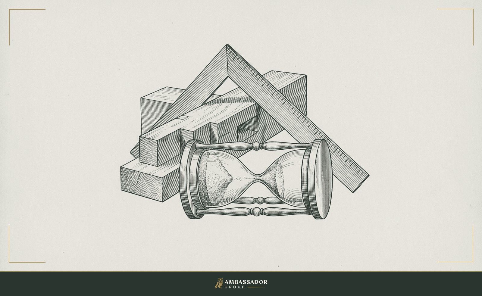 Antique engraving illustration. An hourglass on its side with sand frozen mid-pour, a carpenter's framing square propped behind it against a half-finished timber joint.