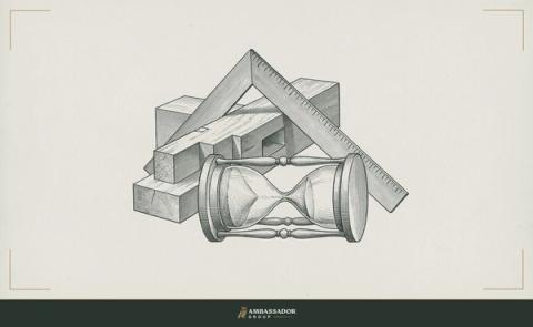 Antique engraving illustration. An hourglass on its side with sand frozen mid-pour, a carpenter's framing square propped behind it against a half-finished timber joint.