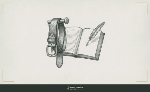 Antique engraving illustration. A foreman's worn leather belt hung on a peg beside a clean hire-order ledger, the two instruments representing the build-it-yourself cost and the buy-it-in cost laid bare for comparison.