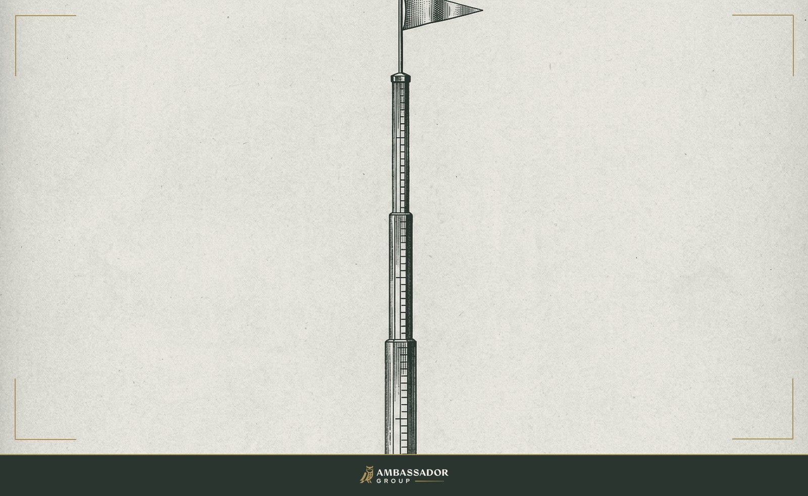 Antique engraving illustration. A long surveyor's rod extending from near ground to far above the frame, increments marked along its length, a distant flag at its tip.