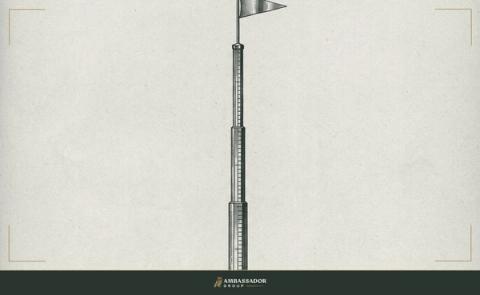 Antique engraving illustration. A long surveyor's rod extending from near ground to far above the frame, increments marked along its length, a distant flag at its tip.