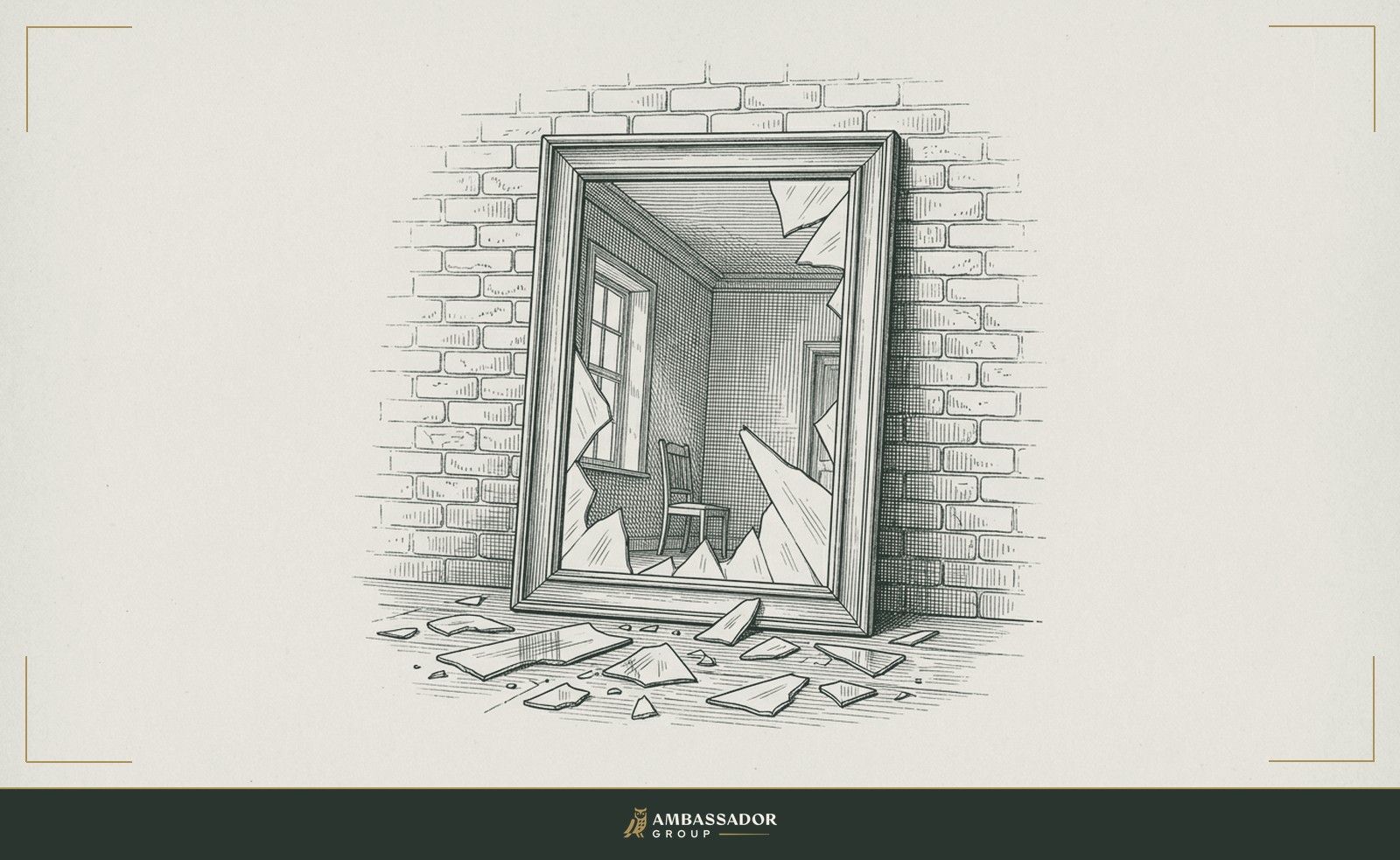 Antique engraving illustration. A cracked mirror propped against a brick wall, one shard reflecting back the room in reverse while the rest lie scattered on the floor.