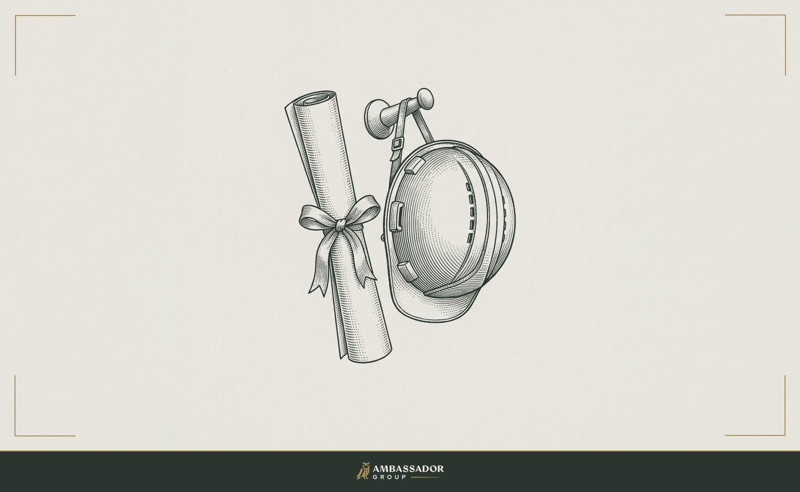 Antique engraving illustration. A rolled diploma tied with a ribbon hanging beside a hard hat on the same wall peg, both given equal prominence, the diploma furled so no text is visible.