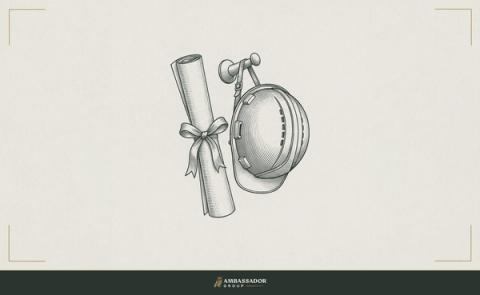 Antique engraving illustration. A rolled diploma tied with a ribbon hanging beside a hard hat on the same wall peg, both given equal prominence, the diploma furled so no text is visible.