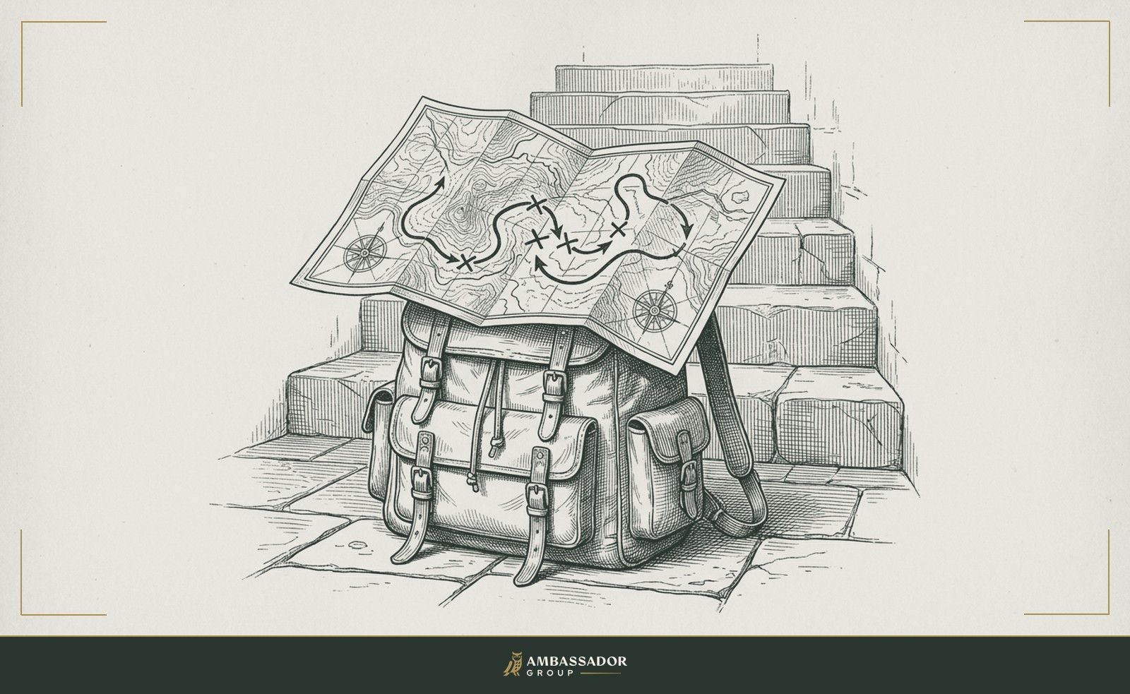 Antique engraving illustration. A traveler's pack set down at the foot of a stone staircase, a detailed map unfolded atop it, the route ahead traced and marked at each decision point.