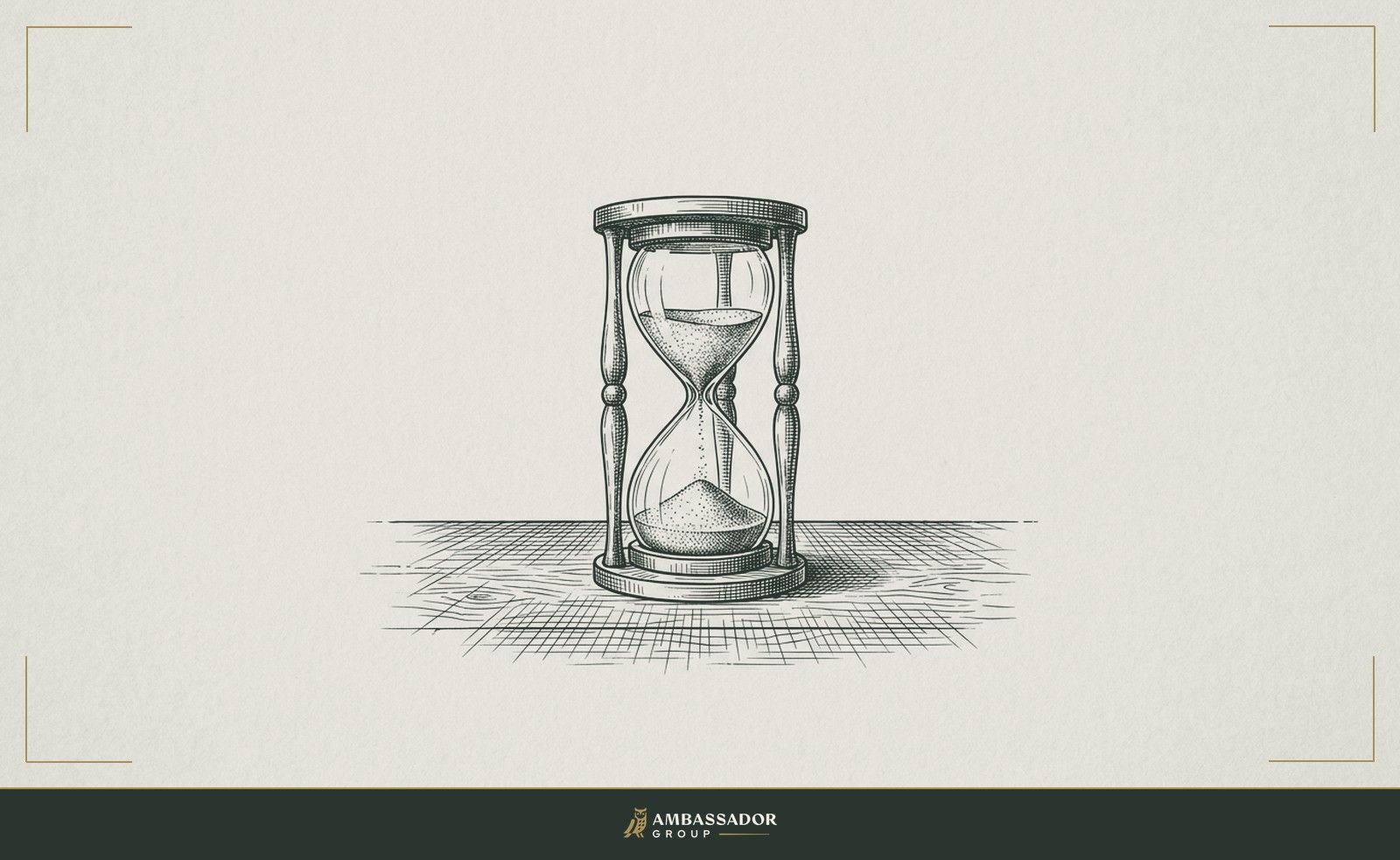 Antique engraving illustration. An hourglass with sand mid-fall standing on a scarred wooden desk.