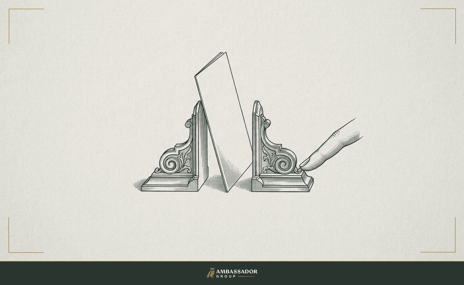Antique engraving illustration. A thin paper sheet balanced on its edge between two brass bookends, a single fingertip barely touching one end, the balance undecided.