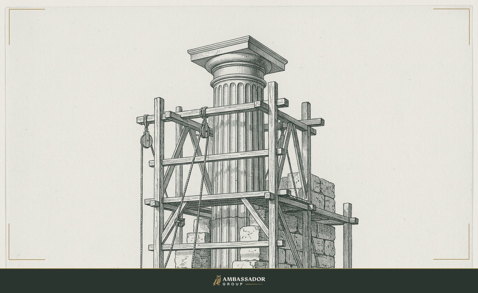 Antique engraving illustration. Timber scaffolding wraps the lower half of a rising classical stone column still under construction.