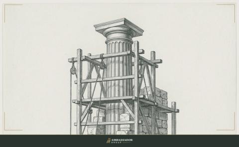 Antique engraving illustration. Timber scaffolding wraps the lower half of a rising classical stone column still under construction.