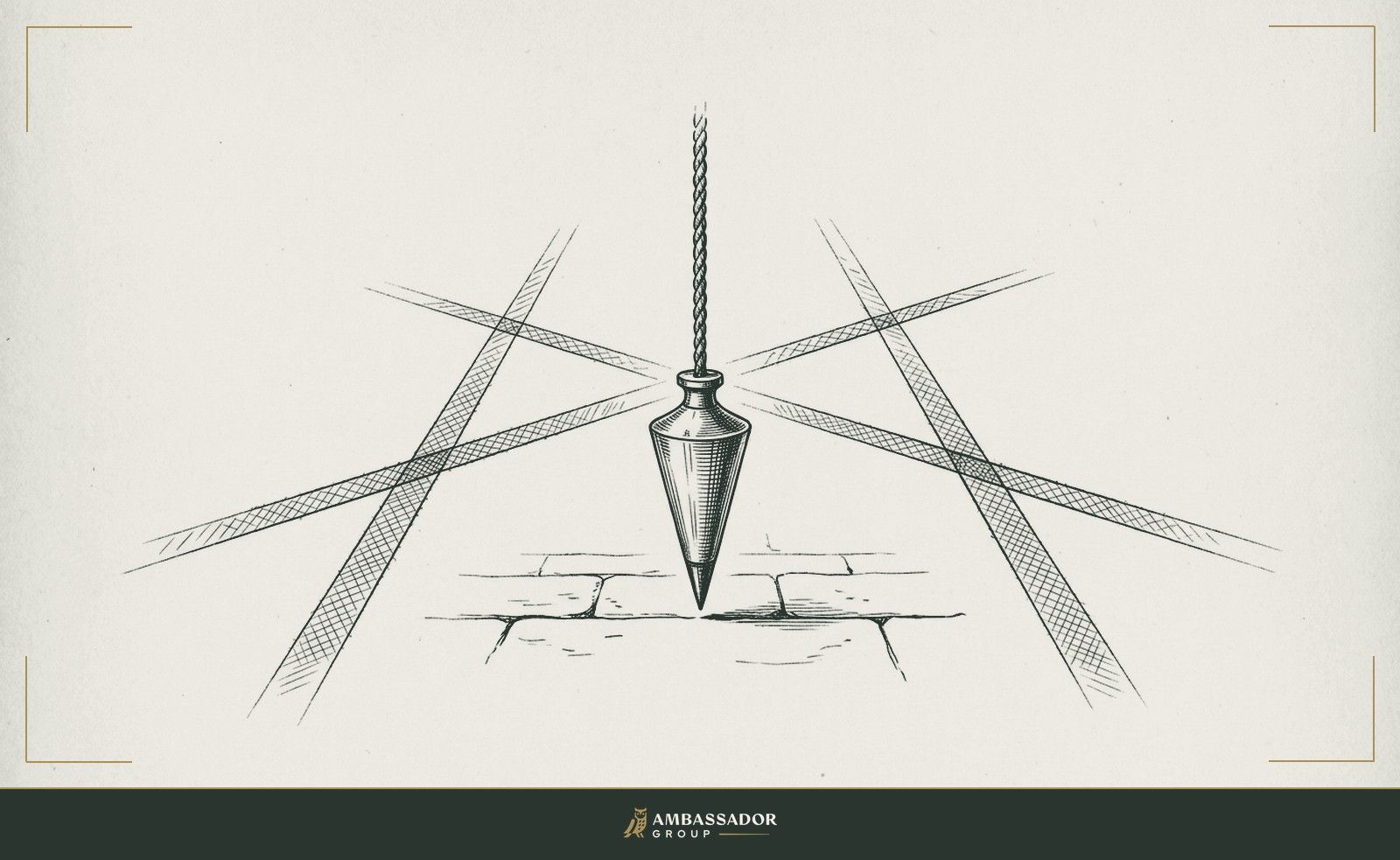 Antique engraving illustration. A surveyor's plumb bob hanging centered between two rows of diverging lane markers chalked on stone, each lane veering into the other.