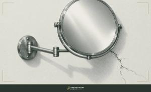 Antique engraving illustration. A polished brass mirror that reflects back only a radiant idealized surface while the wall behind it shows a crack spreading from the frame's lower corner.