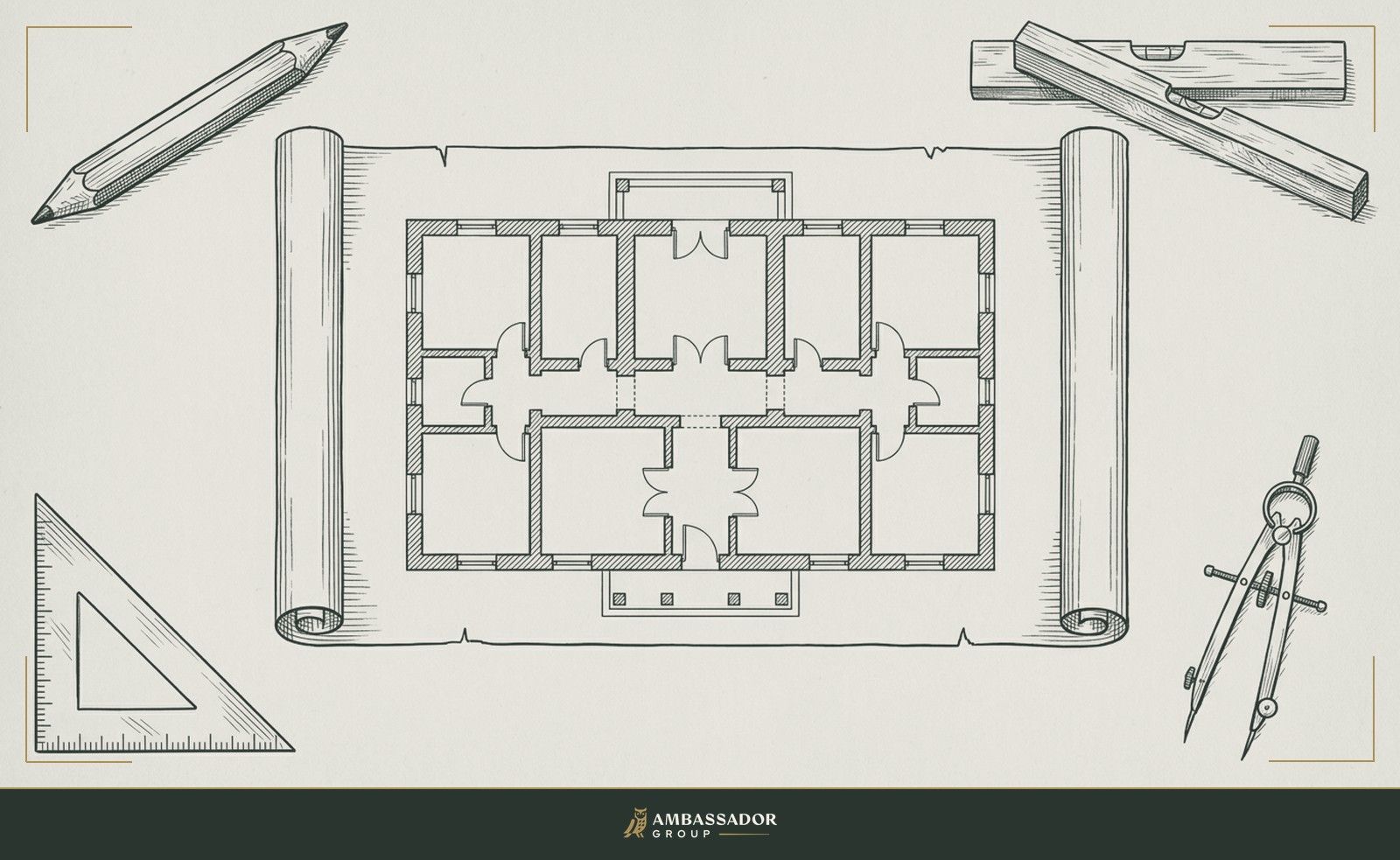 Antique engraving illustration. An architectural blueprint unrolled flat and anchored at each corner by a carpenter's pencil, a level, a set square, and a compass, a complete toolkit framing the plan.