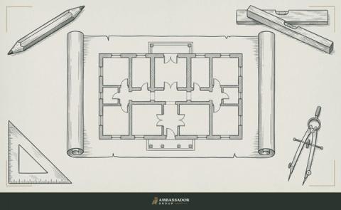 Antique engraving illustration. An architectural blueprint unrolled flat and anchored at each corner by a carpenter's pencil, a level, a set square, and a compass, a complete toolkit framing the plan.