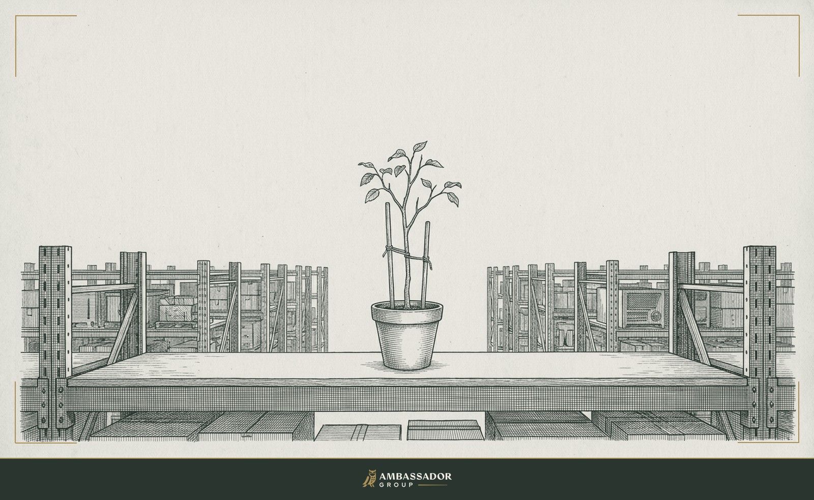 Antique engraving illustration. A single potted sapling centered on a wide empty shelf, carefully staked and tied, isolated from the crowded warehouse shelving behind it.