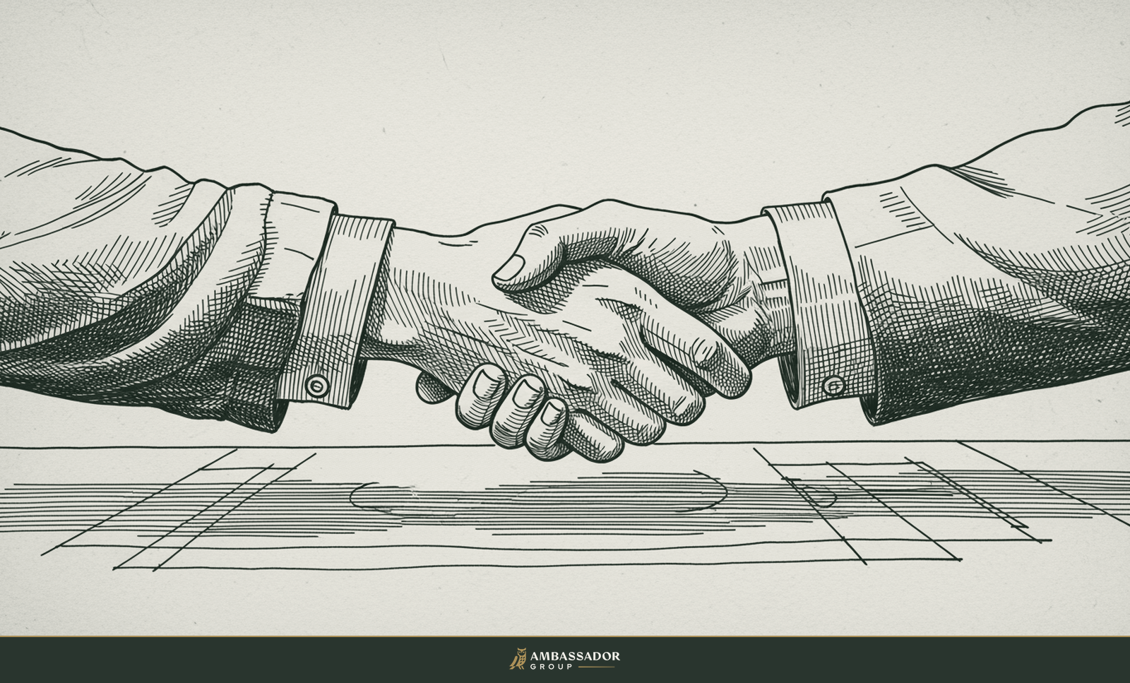 Antique engraving illustration. Two bare open hands meeting in an honest handshake across a plan table, nothing concealed, sleeves rolled.