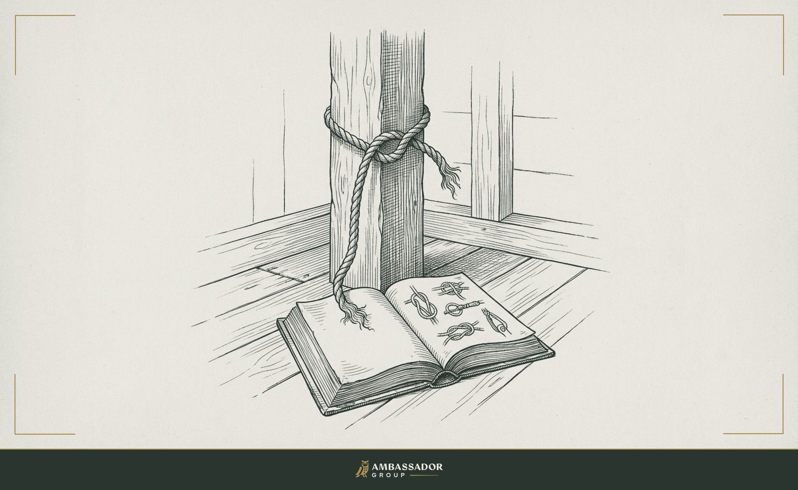 Antique engraving illustration. A rope tied in a hasty half-formed knot around a structural post, the frayed end dangling, a proper rigging manual open and unread on the floor beside it.